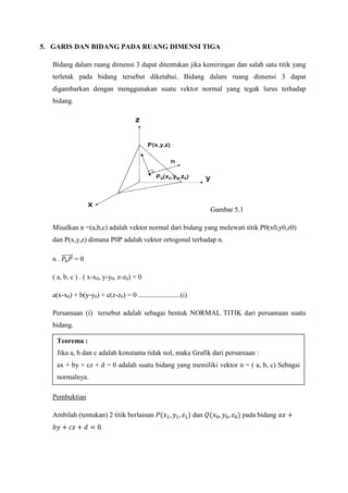 5. GARIS DAN BIDANG PADA RUANG DIMENSI TIGA
Bidang dalam ruang dimensi 3 dapat ditentukan jika kemiringan dan salah satu titik yang
terletak pada bidang tersebut diketahui. Bidang dalam ruang dimensi 3 dapat
digambarkan dengan menggunakan suatu vektor normal yang tegak lurus terhadap
bidang.
Gambar 5.1
Misalkan n =(a,b,c) adalah vektor normal dari bidang yang melewati titik P0(x0,y0,z0)
dan P(x,y,z) dimana P0P adalah vektor ortogonal terhadap n.
n . 𝑃0 𝑃�������⃗ = 0
( a, b, c ) . ( x-x0, y-y0, z-z0) = 0
a(x-x0) + b(y-y0) + c(z-z0) = 0 ........................(i)
Persamaan (i) tersebut adalah sebagai bentuk NORMAL TITIK dari persamaan suatu
bidang.
Pembuktian
Ambilah (tentukan) 2 titik berlainan 𝑃(𝑥1, 𝑦1, 𝑧1) dan 𝑄(𝑥0, 𝑦0, 𝑧0) pada bidang 𝑎𝑥 +
𝑏𝑦 + 𝑐𝑧 + 𝑑 = 0.
Teorema :
Jika a, b dan c adalah konstanta tidak nol, maka Grafik dari persamaan :
ax + by + cz + d = 0 adalah suatu bidang yang memiliki vektor n = ( a, b, c) Sebagai
normalnya.
 