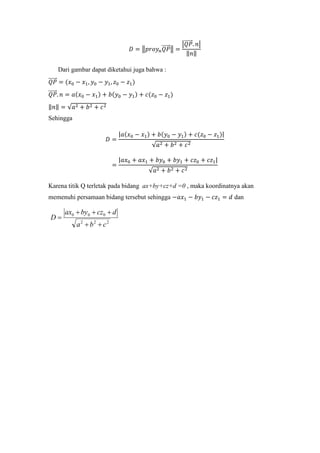 𝐷 = �𝑝𝑟𝑜𝑦𝑛 𝑄𝑃�����⃗� =
�𝑄𝑃�����⃗. 𝑛�
‖𝑛‖
Dari gambar dapat diketahui juga bahwa :
𝑄𝑃�����⃗ = (𝑥0 − 𝑥1, 𝑦0 − 𝑦1, 𝑧0 − 𝑧1)
𝑄𝑃�����⃗. 𝑛 = 𝑎(𝑥0 − 𝑥1) + 𝑏(𝑦0 − 𝑦1) + 𝑐(𝑧0 − 𝑧1)
‖𝑛‖ = √𝑎2 + 𝑏2 + 𝑐2
Sehingga
𝐷 =
|𝑎(𝑥0 − 𝑥1) + 𝑏(𝑦0 − 𝑦1) + 𝑐(𝑧0 − 𝑧1)|
√𝑎2 + 𝑏2 + 𝑐2
=
|𝑎𝑥0 + 𝑎𝑥1 + 𝑏𝑦0 + 𝑏𝑦1 + 𝑐𝑧0 + 𝑐𝑧1|
√𝑎2 + 𝑏2 + 𝑐2
Karena titik Q terletak pada bidang ax+by+cz+d =0 , maka koordinatnya akan
memenuhi persamaan bidang tersebut sehingga −𝑎𝑥1 − 𝑏𝑦1 − 𝑐𝑧1 = 𝑑 dan
222
000
cba
dczbyax
D
++
+++
=
 