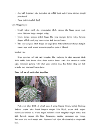  Jika telah tercampur rata, tambahkan air sedikit demi sedikit hingga adonan menjadi
pasta kental.
 Tuang dalam mangkuk kecil.
Cara Menggunakan:
 Setelah selesai mandi dan mengeringkan tubuh, oleskan lulur hingga merata pada
tubuh. Diamkan hingga setengah kering.
 Gosok dengan gerakan lembut hingga lulur yang setengah kering rontok bersama
dengan sel kulit mati yang bisa membuat kulit tampak kusam.
 Bilas sisa lulur pada tubuh dengan air hangat (bisa Anda tambahkan beberapa kelopak
mawar segar untuk sensasi aroma menyegarkan pada air bilasan).
Manfaat Lulur:
Selain membuat sel kulit mati terangkat, lulur tradisional ini akan membuat tubuh
Anda makin rileks karena aliran darah semakin lancar. Anda akan merasakan sendiri
sejak pemakaian pertama kulit tubuh yang semakin halus, bau badan hilang dan kulit
terhindar dari gatal-gatal karena jamur.
Daun sirih merah untuk obat Keputihan
Pada awal tahun 2002, di sebuah desa di lereng Gunung Merapi, herbalis Bambang
Sadewo, penulis buku Basmi Penyakit dengan Sirih Merah, secara tidak sengaja
menemukan tanaman ini. Warna bagian bawahnya merah mengkilap dengan bentuk daun
tidak berbeda dengan sirih hijau. Tamanannya menjulur memanjang dan beruas.
Rasa daun sirih merah sangat pahit. Aromanya lebih tajam bila dibandingkan dengan sirih
hijau.
 