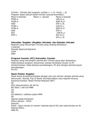 Contoh : Intruksi dari program sumber x := (a +b)/(c – d) 
Program objek (ditulis dalam format ‘pseudo assembly’) 
Mesin 0-Alamat Mesin 1- alamat Mesin 2-alamat 
PUSH a LDA Ro,a 
PUSH b ADD Ro,b 
ADD STA t1,Ro 
PUSH c LDA Ro,c 
PUSH d SUB Ro,d 
SUB STA t2 
DIV LDA Ro,t1 
POP x DIV R0,t2 
STA x, Ro 
Intruction Register (Register Intruksi) dan Dekoder Intruksi 
Register yang menyimpan intruksi yang sedang dieksekusi. 
2-alamat 
Opcode Operand Operand 
Load 
ADO 
Program Counter (PC)/Intruction Counter 
Register yang menyimpan alamat dari intruksi yang akan dieksekusi. 
Pada eksekusi program sekuensial, selesai membaca intruksi isi PC 
diinkrementasi. Pada eksekusi percabangan, PC diisi dengan alamat tujuan 
pencabangan. 
Decoder 
Stack Pointer Register 
Stack biasa diimplementasikan dengan satu set memori dengan alamat yang 
berturutan. Alamat ‘Top of Stack’ disimpan dalam satu register khusus, 
biasanya disebut “Stack Pointer Register (SP)”. 
SP 
ACC (Accumulator) AX AH AL 
BX Data 1 cell size MBR 
CS 
DS 
ES Address 1 address space MAR 
SS 
Operasi pada Komputer 
Siklus operasi : Fetch 
Execute 
Fetch : baca intruksi di memori (alamat ada di PC) dan load intruksi ke IR 
Operasi Mikro : 
MAR PC 
 