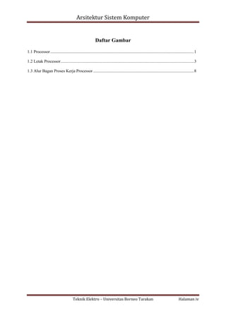 Arsitektur Sistem Komputer

Daftar Gambar
1.1 Processor ......................................................................................................................................... 1
1.2 Letak Processor ............................................................................................................................... 3
1.3 Alur Bagan Proses Kerja Processor ................................................................................................ 8

Teknik Elektro – Universitas Borneo Tarakan

Halaman iv

 