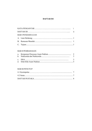 DAFTAR ISI
KATA PENGANTAR ……………………………………….....…........ i
DAFTAR ISI ………………………………………………………...... ii
BAB I PENDAHULUAN
A. Latar Belakang ……………………………………….. ………........... 1
B. Rumusan Masalah................................................................................ 1
C. Tujuan.....................................................................................................1
BAB II PEMBAHASAN
a. Komponen Penyusun Asam Nukleat.................................................. 2
b. Nukleotida dan Nukleosida............................................................. 3
c. DNA.............................................................................................. 3
d. Sifat-Sifat Asam Nukleat........................................................................5
BAB III PENUTUP
4.1 Kesimpulan ………………………………........................................... 7
4.2 Saran........................................................................................................ 7
DAFTAR PUSTAKA................................................................................... 8
 