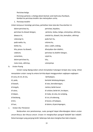 13
Peristiwa ketiga
Peristiwa pertama s.d ketiga dalam bentuk sorot balik atau flashback,
Kembali ke peristiwa terakhir dan melanjutkan cerita.
1. Peristiwa terakhir
Untuk menyusun kronologi peristiwa, perhatikan kata-kata dan frasa berikut ini.
dalam peristiwa itu, peristiwa, kejadian,
peristiwa itu diawali dengan, pertama, kedua, ketiga, selanjutnya, akhirnya,
dewasa ini, setelah itu, diawali, lalu, kemudian, akhirnya
sekarang ini, pada hari itu,
pada waktu itu, selama itu,
ketika itu, akan, sudah, sedang,
bila, proses itu diawali, dilanjutkan dan diakhiri,
sebelum, peristiwa itu diakhiri dengan,
sementara, sejak itu,
dalam peristiwa itu, lalu,
mula-mula, akhirnya, selanjutnya
b. Urutan Ruang
Urutan ruang dipergunakan untuk menyatakan hubungan tempat atau ruang. Untuk
menyatakan urutan ruang itu antara lain kita dapat mengguanakan ungkapan-ungkapan:
di sana, di sini, di situ, berhadapan,
di, pada, bertolak belakang dengan,
di bawah, di atas, berseberangan,
di tengah, melalui, belok kanan
di utara, di selatan, belok kiri, ke depan,
di depan, di muka, ke atas, ke samping,
di belakang, di sisi, di seberang,
di kiri, di kanan, di hadapan,
di luar, di dalam, di persimpangan,
c. Urutan Alur Penalaran
Berdasarkan alur penalarannya, suatu paragraf dapat dikembangkan dalam urutan
umum-khusus dan khusus-umum. Urutan ini menghasilkan paragraf deduktif dan induktif.
Dalamkarangan yang panjang terdiri beberapa bab akan menghasilkan bab simpulan.
 