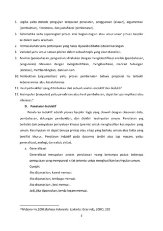5
5. Logika yaitu metode pengujian ketepatan penalaran, penggunaan (alasan), argumentasi
(pembuktian), fenomena, dan justufikasi (pembenaran).
6. Sistematika yaitu seperangkat proses atas bagian-bagian atau unsur-unsur proses berpikir
ke dalam suatu kesatuan.
7. Permasalahan yaitu pertanyaan yang harus dijawab (dibahas) dalamkarangan.
8. Variabel yaitu unsur satuan pikiran dalam sebuah topik yang akan dianalisis.
9. Analisis (pembahasan, penguraian) dilakukan dengan mengidentifikasi analisis (pembahasan,
penguraian) dilakukan dengan mengidentifikasi, mengklasifikasi, mencari hubungan
(korelasi), membandingkan, dan lain-lain.
10. Pembuktian (argumentasi) yaitu proses pembenaran bahwa proposisi itu terbukti
kebenarannya atau kesalahannya.
11. Hasil yaitu akibat yang ditimbulkan dari sebuah analisis induktif dan deduktif.
12. Kesimpulan (simpulan) yaitu penafsiran atau hasil pembahasan, dapat berupa implikasi atau
inferensi.4
D. Penalaran Induktif
Penalaran induktif adalah proses berpikir logis yang diawali dengan observasi data,
pembahasan, dukungan pembuktian, dan diakhiri kesimpulan umum. Penalaran yng
bertolak dari pernyataan pernyataan khusus (premis) untuk menghasilkan kesimpulan yang
umum. Kesimpulan ini dapat berupa prinsip atau sikap yang berlaku umum atas fakta yang
bersifat khusus. Penalaran induktif pada dasarnya terdiri atas tiga macam, yaitu:
generalisasi, analogi, dan sebab akibat.
a. Generalisasi
Generalisasi merupakan proses penalaraan yaang bertumpu padaa beberapa
pernyataan yang mempunyai sifat tertentu untuk menghasilkan kesimpulan umum.
Contoh:
Jika dipanaskan, kawat memuai.
Jika dipanaskan, tembaga memuai.
Jika dipanaskan , besi memuai.
Jadi, jika dipanaskan, benda logam memuai.
4 Widjono Hs.2007.Bahasa Indonesia. (Jakarta: Grasindo, 2007), 210
 