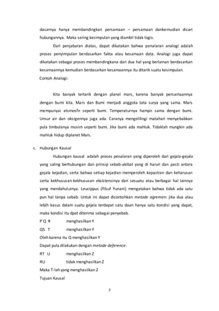 7
dasarnya hanya membandingkan persamaan – persamaan dankemudian dicari
hubungannya. Maka sering kesimpulan yang diambil tidak logis.
Dari penjabaran diatas, dapat dikatakan bahwa penalaran analogi adalah
proses penyimpulan berdasarkan fakta atau kesamaan data. Analogi juga dapat
dikatakan sebagai proses membandingkana dari dua hal yang berlainan berdasarkan
kesamaannya kemudian berdasarkan kesamaannya itu ditarik suatu kesimpulan.
Contoh Analogi:
Kita banyak tertarik dengan planel mars, karena banyak persamaannya
dengan bumi kita. Mars dan Bumi menjadi anggota tata surya yang sama. Mars
mempunyai atsmosfir seperti bumi. Temperaturnya hampir sama dengan bumi.
Unsur air dan oksigennya juga ada. Caranya mengelilingi matahari menyebabkan
pula timbulanya musim seperti bumi. Jika bumi ada mahluk. Tidaklah mungkin ada
mahluk hidup diplanet Mars.
c. Hubungan Kausal
Hubungan kausal adalah proses penalaran yang diperoleh dari gejala-gejala
yang saling berhubungan dan prinsip sebab-akibat yang di haruri dan pasti antara
gejala kejadian, serta bahwa setiap kejadian memperoleh kepastian dan keharusan
serta kekhususan-kekhususan eksistensinya dari sesuatu atau berbagai hal lainnya
yang mendahuluinya. Leucippus (filsuf Yunani) mengatakan bahwa tidak ada satu
pun hal tanpa sebab. Untuk ini dapat dicontohkan metode agremen: jika dua atau
lebih kasus dalam suatu gejala terdapat satu daan hanya satu kondisi yang dapat,
maka kondisi itu dpat diterima sebagai penyebab.
P Q R menghasilkan Y
QS T menghasilkan Y
Oleh karena itu Q menghasilkan Y
Dapat pula dilakukan dengan metode deference.
RT U menghasilkan Z
RU tidak menghasilkan Z
Maka T-lah yang menghasilkan Z
Tujuan Kausal
 