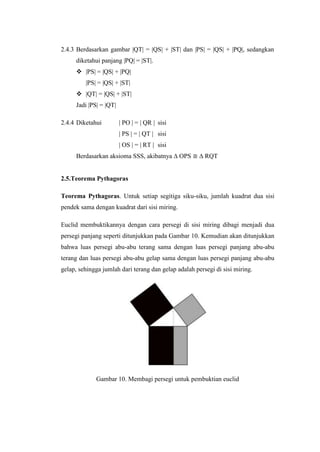 2.4.3 Berdasarkan gambar |QT| = |QS| + |ST| dan |PS| = |QS| + |PQ|, sedangkan
diketahui panjang |PQ| = |ST|.
 |PS| = |QS| + |PQ|
|PS| = |QS| + |ST|
 |QT| = |QS| + |ST|
Jadi |PS| = |QT|
2.4.4 Diketahui

| PO | = | QR | sisi
| PS | = | QT | sisi
| OS | = | RT | sisi

Berdasarkan aksioma SSS, akibatnya ∆ OPS

∆ RQT

2.5.Teorema Pythagoras
Teorema Pythagoras. Untuk setiap segitiga siku-siku, jumlah kuadrat dua sisi
pendek sama dengan kuadrat dari sisi miring.
Euclid membuktikannya dengan cara persegi di sisi miring dibagi menjadi dua
persegi panjang seperti ditunjukkan pada Gambar 10. Kemudian akan ditunjukkan
bahwa luas persegi abu-abu terang sama dengan luas persegi panjang abu-abu
terang dan luas persegi abu-abu gelap sama dengan luas persegi panjang abu-abu
gelap, sehingga jumlah dari terang dan gelap adalah persegi di sisi miring.

Gambar 10. Membagi persegi untuk pembuktian euclid

 