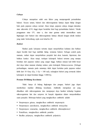 9 
Cahaya 
Cahaya merupakan salah satu faktor yang mempengaruhi pertumbuhan 
bakteri. Secara umum, bakteri dan mikroorganisme lainnya dapat hidup dengan 
baik pada paparan cahaya normal. Akan tetapi, paparan cahaya dengan intensitas 
sinar ultraviolet (UV) tinggi dapat berakibat fatal bagi pertumbuhan bakteri. Teknik 
penggunaan sinar UV, sinar x, dan sinar gamma untuk mensterilkan suatu 
lingkungan dari bakteri dan mikroorganisme lainnya dikenal dengan teknik iradiasi 
yang mulai berkembang sejak awal abad ke-20. 
Radiasi 
Radiasi pada kekuatan tertentu dapat menyebabkan kelainan dan bahkan 
dapat bersifat letal bagi makhluk hidup, terutama bakteri. Sebagai contoh pada 
manusia, radiasi dapat menyebabkan penyakit hati akut, katarak, hipertensi, dan 
bahkan kanker. Akan tetapi, terdapat kelompok bakteri tertentu yang mampu 
bertahan dari paparan radiasi yang sangat tinggi, bahkan ratusan kali lebih besar 
dari daya tahan manusia tehadap radiasi, yaitu kelompok Deinococcaceae. [Sebagai 
perbandingan, manusia pada umumnya tidak dapat bertahan pada paparan radiasi 
lebih dari 10 Gray (Gy, 1 Gy = 100 rad), sedangkan bakteri yang termasuk dalam 
kelompok ini dapat bertahan hingga 5.000 Gy. 
Peranan Di Bidang Kesehatan 
Tidak hanya di bidang lingkungan dan pangan, bakteri juga dapat 
memberikan manfaat dibidang kesehatan. Antibiotik merupakan zat yang 
dihasilkan oleh mikroorganisme dan mempunyai daya hambat terhadap kegiatan 
mikroorganisme lain dan senyawa ini banyak digunakan dalam menyembuhkan 
suatu penyakit. Beberapa bakteri yang menghasilkan antibiotik adalah: 
 Streptomyces griseus, menghasilkan antibiotik streptomycin 
 Streptomyces aureofaciens, menghasilkan antibiotik tetracycline 
 Streptomyces venezuelae, menghasilkan antibiotik chloramphenicol 
 Penicillium, menghasilkan antibiotik penisilin 
 Bacillus polymyxa, menghasilkan antibiotik polymixin. 
 