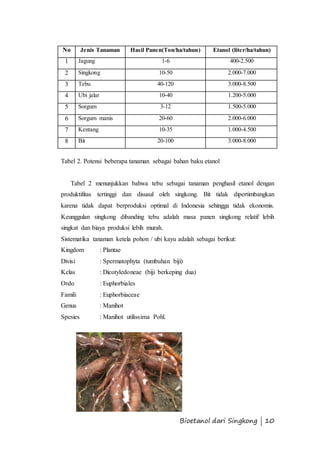 No Jenis Tanaman Hasil Panen(Ton/ha/tahun) Etanol (liter/ha/tahun) 
1 Jagung 1-6 400-2.500 
2 Singkong 10-50 2.000-7.000 
3 Tebu 40-120 3.000-8.500 
4 Ubi jalar 10-40 1.200-5.000 
5 Sorgum 3-12 1.500-5.000 
6 Sorgum manis 20-60 2.000-6.000 
7 Kentang 10-35 1.000-4.500 
8 Bit 20-100 3.000-8.000 
Tabel 2. Potensi beberapa tanaman sebagai bahan baku etanol 
Tabel 2 menunjukkan bahwa tebu sebagai tanaman penghasil etanol dengan 
produktifitas tertinggi dan disusul oleh singkong. Bit tidak dipertimbangkan 
karena tidak dapat berproduksi optimal di Indonesia sehingga tidak ekonomis. 
Keunggulan singkong dibanding tebu adalah masa panen singkong relatif lebih 
singkat dan biaya produksi lebih murah. 
Sistematika tanaman ketela pohon / ubi kayu adalah sebagai berikut: 
Kingdom : Plantae 
Divisi : Spermatophyta (tumbuhan biji) 
Kelas : Dicotyledoneae (biji berkeping dua) 
Ordo : Euphorbiales 
Famili : Euphorbiaceae 
Genus : Manihot 
Spesies : Manihot utilissima Pohl. 
Bioetanol dari Singkong | 10 
 