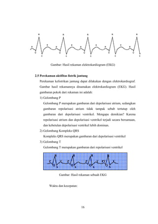 P
Q
R
S
T P
Q
R
S
TP
Q
R
S
T P
Q
R
S
T
Gambar: Hasil rekaman elektrokardiogram (EKG)
2.5 Perekaman aktifitas listrik jantung
Perekaman kelistrikan jantung dapat dilakukan dengan elektrokardiograf.
Gambar hasil rekamannya dinamakan elektrokardiogram (EKG). Hasil
gambaran pokok dari rekaman ini adalah:
1) Gelombang P
Gelombang P merupakan gambaran dari depolarisasi atrium, sedangkan
gambaran repolarisasi atrium tidak tampak sebab tertutup oleh
gambaran dari depolarisasi ventrikel. Mengapa demikian? Karena
repolarisasi atrium dan depolarisasi ventrikel terjadi secara bersamaan,
dan kebetulan depolarisasi ventrikel lebih dominan.
2) Gelombang Kompleks QRS
Kompleks QRS merupakan gambaran dari depolarisasi ventrikel
3) Gelombang T
Gelombang T merupakan gambaran dari repolarisasi ventrikel
Gambar: Hasil rekaman sebuah EKG
Waktu dan kecepatan:
16
 