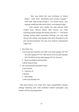 Syok yang timbul dari suatu kecelakaan ini dikenal
dengan “ Earth Syok”. Berdasarkan besar kecilnya tegangan “
Earth Syok” dapat di bagi menjadi 2 : Low tension shock ( syok
tegangan rendah) dan high tension shock ( syok tegangan tinggi)
Syok semakin serius, apabila arus yang melewati tubuh
semakin besar. Menurut Hukum Ohm intensias arus listrik
tergantung kepada tegangan dan tahanan yang ada. ( I = V/R) berarti
tegangan penting dalam menentukan beberapa arus yang dapat
dilewati oleh tahanan yang diberikan oleh tubuh. Disamping itu ada
pula parameter-parameter lain yang turut berperan mempengaruhi
tingkat syok.
1. Dari Sudut Arus
a.Seseorang akan menderita syok lebih serius pada tegangan 220 Volt
dari pada tegangan 80 Volt. Oleh karena, kuat arus pada tegangan
220 Volt lebih besar dari pada tegangan 80 Volt (R) sama.
b. Basah atau tidaknya kulit penderita
c.Basah tidaknya lantai
2. dari sudut parameter-paraameter lainya:
a.Jenis kelamin
b. Frekuensi AC
c.Duration
d. Berat Badan
e.Jalan yang ditempuh arus
Oleh karena bahaya syok sangat besar, dapat mengakibatkan kematian
sehingga dipandang perlu untuk melakukan tindakan pencegahan yang
meliputi alat-alat yang dipergunakan
23
 