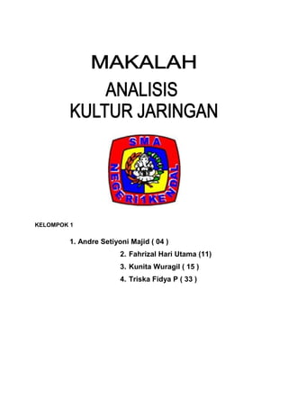 KELOMPOK 1
1. Andre Setiyoni Majid ( 04 )
2. Fahrizal Hari Utama (11)
3. Kunita Wuragil ( 15 )
4. Triska Fidya P ( 33 )
 