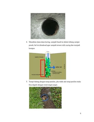 4. Masukkan daun-daun kering, sampah basah ke dalam lubang sampai
penuh, hal ini dimaksud agar sampah terurai oleh cacing dan menjadi
kompos

5. Tutupi lubang dengan tutup paralon, jika tidak ada tutup paralon maka
bisa diganti dengan roster/angin-angin.

9

 