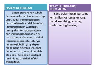 SISTEM KEKEBALAN
TRAKTUS URINARIUS/
PERKEMIHAN
Pada bulan-bulan pertama
kehamilan kandung kencing
tertekan sehingga sering
timbul sering kencing.
Sistem pertahanan tubuh
ibu selama kehamilan akan tetap
utuh, kadar immunoglobulin
dalam kehamilan tidak berubah.
Immunoglobulin G atau IgG
merupakan komponen utama
dari immunoglobulin janin di
dalam uterus dan neonatal dini.
IgG merupakan satu-satunya
immunoglobulin yang dapat
menembus placenta sehingga
imunitas pasif, akan di peroleh
oleh bayi. Kekebalan ini dapat
melindungi bayi dari infeksi
selanjutnya.
 