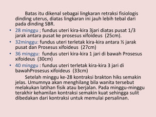 Batas itu dikenal sebagai lingkaran retraksi fisiologis
dinding uterus, diatas lingkaran ini jauh lebih tebal dari
pada dinding SBR.
• 28 minggu ; fundus uteri kira-kira 3jari diatas pusat 1/3
jarak antara pusat ke prosesus xifoideus (25cm).
• 32minggu: fundus uteri terletak kira-kira antara ½ jarak
pusat dan Prosesus xifoideus (27cm)
• 36 minggu: fundus uteri kira-kira 1 jari di bawah Prosesus
xifoideus (30cm)
• 40 minggu : fundus uteri terletak kira-kira 3 jari di
bawahProsesus xifoideus (33cm)
Setelah minggu ke-28 kontraksi brakton hiks semakin
jelas. Umumnya akan menghilang bila wanita tersebut
melakukan latihan fisik atau berjalan. Pada minggu-minggu
terakhir kehamilan kontraksi semakin kuat sehingga sulit
dibedakan dari kontraksi untuk memulai persalinan.
 