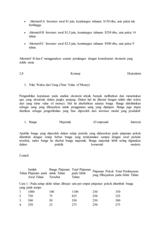  Alternatif-A Investasi awal $1 juta, keuntungan tahunan $150 ribu, usia pakai tak 
berhingga. 
 Alternatif-B Investasi awal $1,5 juta, keuntungan tahunan $250 ribu, usia pakai 14 
tahun. 
 Alternatif-C Investasi awal $2,5 juta, keuntungan tahunan $500 ribu, usia pakai 9 
tahun. 
Alternatif B dan C menggunakan asumsi perulangan dengan konsekuensi ekonomi yang 
selalu sama. 
2,8 Konsep Ekuivalensi 
1. Nilai Waktu dari Uang (Time Value of Money) 
Pengambilan keputusan pada analisis ekonomi teknik banyak melibatkan dan menentukan 
apa yang ekonomis dalam jangka panjang. Dalam hal ini dikenal dengan istilah nilai waktu 
dari uang (time value of money). Hal ini disebabkan adanya bunga. Bunga didefinisikan 
sebagai uang yang dibayarkan untuk penggunaan uang yang dipinjam. Bunga juga dapat 
diartikan sebagai pengembalian yang bisa diperoleh dari investasi modal yang produktif. 
1. Bunga Majemuk (Compound Interest) 
Apabila bunga yang diperoleh dalam setiap periode yang didasarkan pada pinjaman pokok 
ditambah dengan setiap beban bunga yang terakumulasi sampai dengan awal periode 
tersebut, maka bunga itu disebut bunga majemuk. Bunga majemuk lebih sering digunakan 
dalam praktik komersial modern. 
Contoh 
Tahun 
Jumlah 
Pinjaman pada 
Awal Tahun 
Bunga Pinjaman 
untuk Tahun 
Tersebut 
Total Pinjaman 
pada Akhir 
Tahun 
Pinjaman Pokok 
yang Dibayarkan 
Total Pembayaran 
pada Akhir Tahun 
Cara 1 : Pada setiap akhir tahun dibayar satu per empat pinjaman pokok ditambah bunga 
yang jatuh tempo 
1 1000 100 1100 250 350 
2 750 75 825 250 325 
3 500 50 550 250 300 
4 250 25 275 250 275 
 