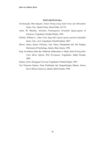 Cinta dan Aplikasi Sosial
10
DAFTAR PUSTAKA
Al-Jauziyyah, Ibnu Qayyim, Taman Orang-orang Jatuh Cinta dan Memendam
Rindu, Terj., Jakarta Timur: Darul Falah, 1417 H.
Amin, M. Masyhur, Moralitas Pembangunan Perspektif Agama-agama di
Indonesia, Yogyakarta: Pustaka Pelajar, 1994.
Chittick, William C., Jalan Cinta Sang Sufi (Ajaran-ajaran spiritual Jalaluddin
Rumi), Terj., cet.6, Yogyakarta: Penerbit Qalam, 2007.
Drever, James, Kamus Psikologi, Terj. Nancy Simanjuntak dari The Penguin
Dictionary of Psychology, Jakarta: Bina Aksara, 1998.
Siraj, An-Nabawi Jaber dan Mahmud, Abdussalam A. Halim, Rabi‟ah Sang Obor
Cinta Sketsa Sufisme Wali Perempuan, Yogyakarta: Sabda Persada,
2003.
Syukur, Amin, Menggugat Tasawuf, Yogyakarta: Pustaka Pelajar, 1999.
Tim Penyusun Kamus, Pusat Pembinaan dan Pengembangan Bahasa, Kamus
Besar Bahasa Indonesia, Jakarta: Balai Pustaka, 1990.
 