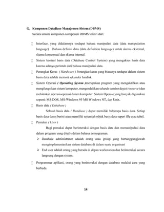 14
G. Komponen DataBase Manajemen Sistem (DBMS)
Secara umum komponen-komponen DBMS terdiri dari:
 Interface, yang didalamnya terdapat bahasa manipulasi data (data manipulation
language) Bahasa definisi data (data definition language) untuk skema eksternal,
skema konsepsual dan skema internal.
 Sistem kontrol basis data (Database Control System) yang mengakses basis data
karena adanya perintah dari bahasa manipulasi data.
 Perangkat Keras ( Hardware ) Perangkat keras yang biasanya terdapat dalam sistem
basis data adalah memori sekunder hardisk.
 Sistem Operasi ( Operating System )merupakan program yang mengaktifkan atau
mengfungsikan sistem komputer, mengendalikan seluruh sumber daya (resource) dan
melakukan operasi-operasi dalam komputer. Sistem Operasi yang banyak digunakan
seperti: MS-DOS, MS-Windows 95 MS Windows NT, dan Unix.
 Basis data ( Database )
Sebuah basis data ( Database ) dapat memiliki beberapa basis data. Setiap
basis data dapat berisi atau memiliki sejumlah objek basis data seperi file atau tabel.
 Pemakai ( User )
Bagi pemakai dapat berinteraksi dengan basis data dan memanipulasi data
dalam program yang ditulis dalam bahasa pemograman.
 Database administrator adalah orang atau group yang bertanggungjawab
mengimplementasikan sistem database di dalam suatu organisasi
 End user adalah orang yang berada di depan workstation dan berinteraksi secara
langsung dengan sistem.
 Programmer aplikasi, orang yang berinteraksi dengan database melalui cara yang
berbeda.
 