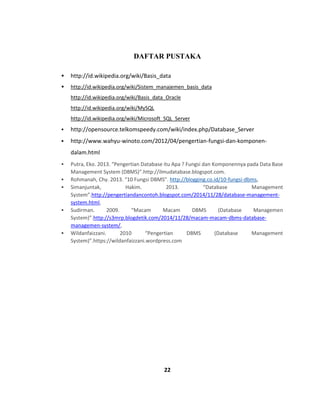 22
DAFTAR PUSTAKA
 http://id.wikipedia.org/wiki/Basis_data
 http://id.wikipedia.org/wiki/Sistem_manajemen_basis_data
http://id.wikipedia.org/wiki/Basis_data_Oracle
http://id.wikipedia.org/wiki/MySQL
http://id.wikipedia.org/wiki/Microsoft_SQL_Server
 http://opensource.telkomspeedy.com/wiki/index.php/Database_Server
 http://www.wahyu-winoto.com/2012/04/pengertian-fungsi-dan-komponen-
dalam.html
 Putra, Eko. 2013. “Pengertian Database itu Apa ? Fungsi dan Komponennya pada Data Base
Management System (DBMS)”.http://ilmudatabase.blogspot.com.
 Rohmanah, Chy. 2013. “10 Fungsi DBMS”. http://blogging.co.id/10-fungsi-dbms,
 Simanjuntak, Hakim. 2013. “Database Management
System”.http://pengertiandancontoh.blogspot.com/2014/11/28/database-management-
system.html,
 Sudirman. 2009. “Macam Macam DBMS (Database Managemen
System)”.http://s3mrp.blogdetik.com/2014/11/28/macam-macam-dbms-database-
managemen-system/,
 Wildanfaizzani. 2010 “Pengertian DBMS (Database Management
System)”.https://wildanfaizzani.wordpress.com
 