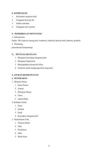 E. KOMPLIKASI
1.

Kerusakan integritas kulit

2.

Gangguan Konsep diri

3.

Infeksi sekunder

4.

Gangguan rasa nyaman

F. PEMERIKSAAN PENUNJANG
1. Laboratorium
Darah : Hb, leukosit, hitung jenis, trombosit, elektrolit, protein total, albumin, globulin
2. Penunjang
pemeriksaan histopatologi

G.

PENATALAKSANAAN
1. Mengatasi kerusakan integritas kulit
2. Mengatasi hipotermia
3. Meningkatkan konsep diri klien
4. Emolient untuk mengurangi kulit yang kaku

2. ASUHAN KEPERAWATAN
a. PENGKAJIAN
1. Identitas Pasien.
1. Nama Pasien
2. Alamat
3. Pekerjaan Pasien
4. Umur
5. Agama/Suku
2. Keluhan Utama.
1. Nyeri
2. Gelisah
3. Gatal
4. Kerusakan intergitas kulit
3. Pemeriksaan Fisik.
1. Tekanan Darah
2. Nadi
3. Pernafasan
4. Suhu
5. Skala Nyeri

6

 