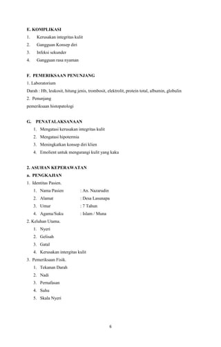 E. KOMPLIKASI
1.

Kerusakan integritas kulit

2.

Gangguan Konsep diri

3.

Infeksi sekunder

4.

Gangguan rasa nyaman

F. PEMERIKSAAN PENUNJANG
1. Laboratorium
Darah : Hb, leukosit, hitung jenis, trombosit, elektrolit, protein total, albumin, globulin
2. Penunjang
pemeriksaan histopatologi

G.

PENATALAKSANAAN
1. Mengatasi kerusakan integritas kulit
2. Mengatasi hipotermia
3. Meningkatkan konsep diri klien
4. Emolient untuk mengurangi kulit yang kaku

2. ASUHAN KEPERAWATAN
a. PENGKAJIAN
1. Identitas Pasien.
1. Nama Pasien

: An. Nazarudin

2. Alamat

: Desa Lasunapa

3. Umur

: 7 Tahun

4. Agama/Suku

: Islam / Muna

2. Keluhan Utama.
1. Nyeri
2. Gelisah
3. Gatal
4. Kerusakan intergitas kulit
3. Pemeriksaan Fisik.
1. Tekanan Darah
2. Nadi
3. Pernafasan
4. Suhu
5. Skala Nyeri

6

 