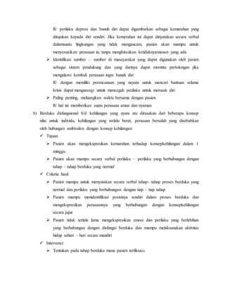 R/ perilaku depresi dan bunuh diri dapat digambarkan sebagai kemarahan yang 
ditujukan kepada diri sendiri. Jika kemerahan ini dapat dinyatakan secara verbal 
dalamsuatu lingkungan yang tidak mengancam, pasien akan mampu untuk 
menyesuaikan perasaan in, tanpa menghiraukan ketidaknyamanan yang ada 
 Identifikasi sumber – sumber di masayarakat yang dapat digunakan oleh pasien 
sebagai sistem pendukung dan yang darinya dapat memnta pertolongan jika 
mengalami kembali perasaan ingin bunuh diri 
R/ dengan memiliki perencanaan yang nayata untuk mencari bantuan selama 
krisis dapat mengurangi untuk mencegah perilaku untuk merusak diri 
 Paling penting, meluangkan waktu bersama dengan pasien 
R/ hal ini memberikan suatu perasaan aman dan nyaman 
b) Berduka disfungsional b/d kehilangan yang nyata atu dirasakan dari beberapa konsep 
nilai untuk individu, kehilangan yang terlalu berat, perasaan bersalah yang disebabkan 
oleh hubungan ambivalen dengan konsep kehilangan 
 Tujuan 
 Pasien akan mengekspresikan kemarahan terhadap konsepkehilangan dalam 1 
minggu 
 Pasien akan mampu secara verbal perilaku – perilaku yang berhubungan dengan 
tahap – tahap berduka yang normal 
 Criteria hasil 
 Pasien mampu untuk menyatakan secara verbal tahap- tahap proses berduka yang 
normal dan perilaku yang berhubungan dengan tiap – tiap tahap 
 Pasien mampu menidentifikasi posisinya sendiri dalam proses berduka dan 
mengekspresikan perasaannya yang berhubungan dengan konsepkehilangan 
secara jujur 
 Pasien tidak terlalu lama mengekspresikan emosi dan perilaku yang berlebihan 
yang berhubungan dengan disfungsi berduka dan mampu melaksanakan aktivitas 
hidup sehari – hari secara mandiri 
 Intervensi: 
 Tentukan pada tahap berduka mana pasien terfiksasi. 
 