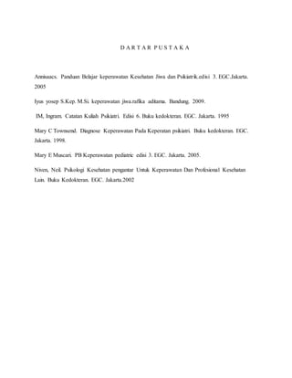 D A R T A R P U S T A K A 
Annisaacs. Panduan Belajar keperawatan Kesehatan Jiwa dan Psikiatrik.edisi 3. EGC.Jakarta. 
2005 
Iyus yosep S.Kep. M.Si. keperawatan jiwa.rafika aditama. Bandung. 2009. 
IM, Ingram. Catatan Kuliah Psikiatri. Edisi 6. Buku kedokteran. EGC. Jakarta. 1995 
Mary C Townsend. Diagnose Keperawatan Pada Keperatan psikiatri. Buku kedokteran. EGC. 
Jakarta. 1998. 
Mary E Muscari. PB Keperawatan pediatric edisi 3. EGC. Jakarta. 2005. 
Niven, Neil. Psikologi Kesehatan pengantar Untuk Keperawatan Dan Profesional Kesehatan 
Lain. Buku Kedokteran. EGC. Jakarta.2002 
