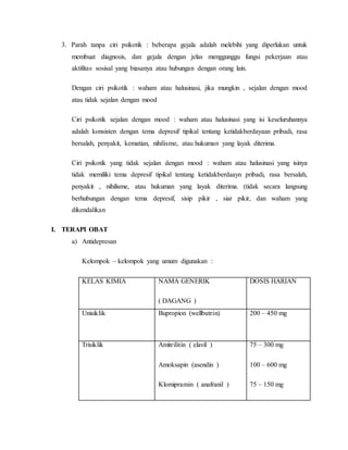 3. Parah tanpa ciri psikotik : beberapa gejala adalah melebihi yang diperlukan untuk
membuat diagnosis, dan gejala dengan jelas menggunggu fungsi pekerjaan atau
aktifitas sosisal yang biasanya atau hubungan dengan orang lain.
Dengan ciri psikotik : waham atau halusinasi, jika mungkin , sejalan dengan mood
atau tidak sejalan dengan mood
Ciri psikotik sejalan dengan mood : waham atau halusinasi yang isi keseluruhannya
adalah konsisten dengan tema depresif tipikal tentang ketidakberdayaan pribadi, rasa
bersalah, penyakit, kematian, nihilisme, atau hukuman yang layak diterima.
Ciri psikotik yang tidak sejalan dengan mood : waham atau halusinasi yang isinya
tidak memiliki tema depresif tipikal tentang ketidakberdaayn pribadi, rasa bersalah,
penyakit , nihilisme, atau hukuman yang layak diterima. (tidak secara langsung
berhubungan dengan tema depresif, sisip pikir , siar pikir, dan waham yang
dikendalikan
I. TERAPI OBAT
a) Antidepresan
Kelompok – kelompok yang umum digunakan :
KELAS KIMIA NAMA GENERIK
( DAGANG )
DOSIS HARIAN
Unisiklik Bupropion (wellbutrin) 200 – 450 mg
Trisiklik Amitrilitin ( elavil )
Amoksapin (asendin )
Klomipramin ( anafranil )
75 – 300 mg
100 – 600 mg
75 – 150 mg
 