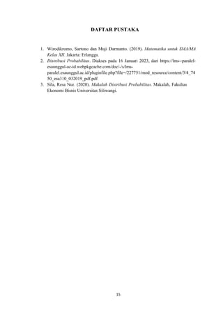 15
DAFTAR PUSTAKA
1. Wirodikromo, Sartono dan Muji Darmanto. (2019). Matematika untuk SMA/MA
Kelas XII. Jakarta: Erlangga.
2. Distribusi Probabilitas. Diakses pada 16 Januari 2023, dari https://lms--paralel-
esaunggul-ac-id.webpkgcache.com/doc/-/s/lms-
paralel.esaunggul.ac.id/pluginfile.php?file=/227751/mod_resource/content/3/4_74
50_esa310_032019_pdf.pdf
3. Sila, Resa Nur. (2020). Makalah Distribusi Probabilitas. Makalah, Fakultas
Ekonomi Bisnis Universitas Siliwangi.
 