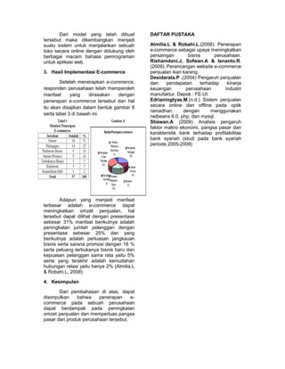 Dari model yang telah dibuat         DAFTAR PUSTAKA
tersebut maka dikembangkan menjadi
suatu sistem untuk menjalankan sebuah       Almilia.L & Robahi.L.(2008). Penerapan
toko secara online dengan didukung oleh     e-commerce sebagai upaya meningkatkan
berbagai macam bahasa pemrograman           persaingan       bisnis      perusahaan.
untuk aplikasi web.                         Rishamdani.J, Sofwan.A & Isnanto.R.
                                            (2009). Perancangan website e-commerce
3. Hasil Implementasi E-commerce            penjualan ikan karang.
                                            Desidarata.P .(2004) Pengaruh penjualan
        Setelah menerapkan e-commerce,      dan     pendapatan     terhadap    kinerja
responden perusahaan telah memperoleh       keuangan        perusahaan        industri
manfaat      yang    dirasakan    dengan    manufaktur. Depok : FE-UI.
penerapan e-commerce tersebut dan hal       Edrianingtyas.M.(n.d.) Sistem penjualan
itu akan disajikan dalam bentuk gambar 8    secara online dan offline pada optik
                                            ramadhan       dengan       menggunakan
serta tabel 3 di bawah ini.
                                            netbeans 6.0, php, dan mysql.
                                            Stiawan.A (2009) Analisis pengaruh
                                            faktor makro ekonomi, pangsa pasar dan
                                            karakteristik bank terhadap profitabilitas
                                            bank syariah (studi pada bank syariah
                                            periode 2005-2008)




        Adapun yang menjadi manfaat
terbesar adalah e-commerce dapat
meningkatkan omzet penjualan, hal
tersebut dapat dilihat dengan presentase
sebesar 31% manfaat berikutnya adalah
peningkatan jumlah pelanggan dengan
presentase sebesar 25% dan yang
berikutnya adalah perluasan jangkauan
bisnis serta sarana promosi dengan 16 %
serta peluang terbukanya bisnis baru dan
kepuasan pelanggan sama rata yaitu 5%
serta yang terakhir adalah kemudahan
hubungan relasi yaitu hanya 2% (Almilia.L
& Robahi.L, 2008).

4. Kesimpulan

       Dari pembahasan di atas, dapat
disimpulkan    bahwa     penerapan     e-
commerce pada sebuah perusahaan
dapat berdampak pada peningkatan
omzet penjualan dan memperluas pangsa
pasar dari produk perusahaan tersebut.
 