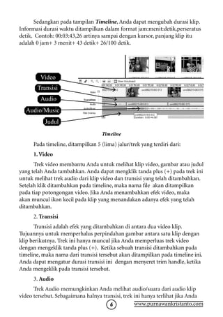 Sedangkan pada tampilan Timeline, Anda dapat mengubah durasi klip.
Informasi durasi waktu ditampilkan dalam format jam:menit:detik,perseratus
detik. Contoh: 00:03:43,26 artinya sampai dengan kursor, panjang klip itu
adalah 0 jam+ 3 menit+ 43 detik+ 26/100 detik.




         Video
       Transisi
         Audio
  Audio/Music
           Judul
                                    Timeline
      Pada timeline, ditampilkan 5 (lima) jalur/trek yang terdiri dari:
      1. Video
      Trek video membantu Anda untuk melihat klip video, gambar atau judul
yang telah Anda tambahkan. Anda dapat mengklik tanda plus (+) pada trek ini
untuk melihat trek audio dari klip video dan transisi yang telah ditambahkan.
Setelah klik ditambahkan pada timeline, maka nama file akan ditampilkan
pada tiap potongongan video. Jika Anda menambahkan efek video, maka
akan muncul ikon kecil pada klip yang menandakan adanya efek yang telah
ditambahkan.
      2. Transisi
      Transisi adalah efek yang ditambahkan di antara dua video klip.
Tujuannya untuk memperhalus perpindahan gambar antara satu klip dengan
klip berikutnya. Trek ini hanya muncul jika Anda memperluas trek video
dengan mengeklik tanda plus (+). Ketika sebuah transisi ditambahkan pada
timeline, maka nama dari transisi tersebut akan ditampilkan pada timeline ini.
Anda dapat mengatur durasi transisi ini dengan menyeret trim handle, ketika
Anda mengeklik pada transisi tersebut.
      3. Audio
      Trek Audio memungkinkan Anda melihat audio/suara dari audio klip
video tersebut. Sebagaimana halnya transisi, trek ini hanya terlihat jika Anda
                                                 www.purnawankristanto.com
 