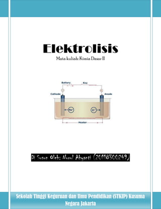 Elektrolisis
                  Mata kuliah: Kimia Dasar II




      Di Susun Oleh: Nurul Ahyanti (20118300249)




Sekolah Tinggi Keguruan dan Ilmu Pendidikan (STKIP) Kusuma
                      Negara Jakarta
 