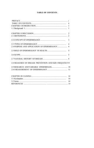 TABLE OF CONTENTS 
PREFACE..................................................................................................... i 
TABLE OF CONTENTS.......................................................................... ii 
CHAPTER I INTRODUCTION.................................................................. 1 
1.1 Background 1......................................................................................... 1 
CHAPTER II DISCUSSION..................................................................... 2 
2.1 DEFINITIONS........................................................................................ 2 
2.2 CONCEPT OF EPIDEMIOLOGY..................................................... 3 
2.3 TYPES OF EPIDEMIOLOGY............................................................. 4 
2.4 PURPOSE AND APPLICATION OF EPIDEMIOLOGY..................... 4 
2.5 ROLE OF EPIDEMIOLOGY IN HEALTH......................................... 5 
2.6 SCOPE.................................................................................................. 5 
2.7 NATURAL HISTORY OF DISEASE.................................................... 8 
2.8 MEASURES OF DISEASE PREVENTION AND SIZE FREQUENCY9 
2.9 RESEARCH AND VARIABLE EPIDEMIOLOG................................. 10 
2:10 MEASUREMENT OF EPIDEMIOLOGY........................................... 11 
CHAPTER III CLOSING........................................................................... 14 
3.1 Kesimpulan........................................................................................... 14 
3.2 Saran..................................................................................................... 14 
REFERENCES ................................................ ............................................ 15 
 