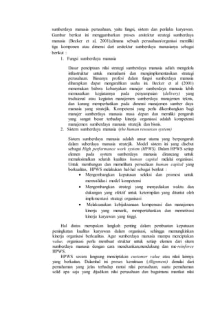 sumberdaya manusia perusahaan, yaitu fungsi, sistem dan perilaku karyawan.
Gambar berikut ini menggambarkan proses arsitektur strategi sumberdaya
manusia (Becker et al, 2001),dimana sebuah perusahaan/organisai memiliki
tiga komponen atau dimensi dari arsitektur sumberdaya manusianya sebagai
berikut :
1. Fungsi sumberdaya manusia
Dasar penciptaan nilai strategi sumberdaya manusia adlah mengelola
infrastruktur untuk memahami dan mengimplementasikan strategi
perusahaan. Biasanya profesi dalam fungsi sumberdaya manusia
diharapkan dapat mengarahkan usaha ini. Becker et al (2001)
menemukan bahwa kebanyakan manajer sumberdaya manusia lebih
memusatkan kegiatannya pada penyampaian (delivery) yang
tradisional atau kegiatan manajemen sumberdaya manajemen teknis,
dan kurang memperhatikan pada dimensi manajemen sumber daya
manusia yang stratejik. Kompetensi yang perlu dikembangkan bagi
manajer sumberdaya manusia masa depan dan memiliki pengaruh
yang sangat besar terhadap kinerja organisasi adalah kompetensi
manajemen sumberdaya manusia stratejik dan bisnis.
2. Sistem sumberdaya manusia (the human resources system)
Sistem sumberdaya manusia adalah unsur utama yang berpengaruh
dalam suberdaya manusia stratejik. Model sistem ini yang disebut
sebagai High performance work system (HPWS). Dalam HPWS setiap
elemen pada system sumberdaya manusia dirancang untuk
memaksimalkan seluruh kualitas human capital melalui organisasi.
Untuk membangun dan memelihara persediaan human capital yang
berkualitas, HPWS melakukan hal-hal sebagai berikut :
 Mengembangkan keputusan seleksi dan promosi untuk
memvalidasi model kompetensi
 Mengembangkan strategi yang menyediakan waktu dan
dukungan yang efektif untuk ketermpilan yang dituntut oleh
implementasi strategi organisasi
 Melaksanakan kebijaksanaan kompensasi dan manajemen
kinerja yang menarik, mempertahankan dan memotivasi
kinerja karyawan yang tinggi.
Hal diatas merupakan langkah penting dalam pembuatan keputusan
peningkatan kualitas karyawan dalam organisasi, sehingga memungkinkan
kinerja organisasi berkualitas. Agar sumberdaya manusia mampu menciptakan
value, organisasi perlu membuat struktur untuk setiap elemen dari sitem
sumberdaya manusia dengan cara menekankan,mendukung dan me-reinforce
HPWS.
HPWS secara langsung menciptakan customer value atau nilaii lainnya
yang berkaitan. Dalamhal ini proses kemitraan (Alignment) dimulai dari
pemahaman yang jelas terhadap rantai nilai perusahaan, suatu pemahaman
solid apa saja yang dijadikan nilai perusahaan dan bagaimana manfaat nilai
 