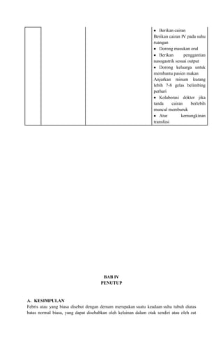 Berikan cairan
Berikan cairan IV pada suhu
ruangan
Dorong masukan oral
Berikan
penggantian
nasogastrik sesuai output
Dorong keluarga untuk
membantu pasien makan
Anjurkan minum kurang
lebih 7-8 gelas belimbing
perhari
Kolaborasi dokter jika
tanda
cairan
berlebih
muncul memburuk
Atur
kemungkinan
transfusi

BAB IV
PENUTUP

A. KESIMPULAN
Febris atau yang biasa disebut dengan demam merupakan suatu keadaan suhu tubuh diatas
batas normal biasa, yang dapat disebabkan oleh kelainan dalam otak sendiri atau oleh zat

 