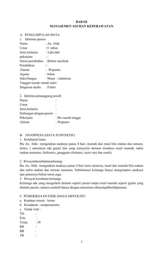 BAB III
MANAJEMEN ASUHAN KEPERAWATAN
A. PENGUMPULAN DATA
1. Identitas pasien
Nama
: An. Aldo
Umur
: 8 tahun
Jenis kelamin
: Laki-laki
pekerjaan
:Status pernikahan : Belum menikah
Pendidikan
:Alamat
: Wapunto
Agama
: Islam
Suku/bangsa
: Muna / indonesia
Tanggal masuk rumah sakit:
Diagnosa medis
: Febris
2. Identitas penanggung jawab:
Nama
:
Umur
:
Jenis kelamin
:
Hubungan dengan pasien :
Pekerjaan
: Ibu rumah tangga
Alamat
: Wapunto

B. ANAMNESA (DATA SUBYEKTIF)
1. KeluhanuUtama
Ibu An. Aldo mengatakan anaknya panas 4 hari, muntah dan mual bila makan dan minum,
lemes, ( umumnya ada gejala lain yang menyertai demam misalnya mual muntah, nafsu
makan menurun, diaforesis, gangguan eliminasi, nyeri otot dan sendi).
2. Riwayatakesehatanasekarang
Ibu An. Aldo mengatakan anaknya panas 4 hari terus menerus, mual dan muntah bila makan
dan nafsu makan dan minum menurun. Sebelumnya keluarga hanya mengompres anaknya
tapi panasnya belum turun juga.
3. Riwayat kesehatan keluarga
Keluarga ada yang mengalami demam seperti pasien tanpa mual muntah seperti gejala yang
dialami pasien, namun sembuh hanya dengan meminum obatyangdibelidipasaran.
C. PEMERIKSAAN FISIK (DATA OBYEKTIF)
a. Keadaan umum : lemas
b. Kesadaran : composmentis
c. Tanda vital :
TD
:
Pols
:
Temp
: 38
RR
:
BB
:
TB
:
7

 
