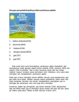 Gas gas penyebabterjadinya efekrumahkaca adalah:
1. karbon dioksida(CO2)
2. ammonia (NH3)
3. metana (CH4)
4. nitrogen oksida (N2O)
5. gas CFC
6. gas HFC
Efek rumah kaca yang menyebabkan pemanasan global disebabkan oleh
meningkatnya kadar gas-gas seperti karbon dioksida (CO2), ammonia (NH3) dan
metana (CH4) di atmosfer. Gas ini akan menyerap panas baik dari radiasi
matahari maupun konveksi panas permukaan bumi. Akibatnya, suhu udara akan
meningkat dan mengakibatkan pemanasan global.
Kadar gas ini terus meningkat karena aktifitas manusia yang mengeluarkan gas-
gas masih terus terjadi. Aktifitas manusia seperti pembakaran bahan bakar fosil
untuk kendaraan bermotor dan industri mengakibatkan peningkatan gas ini.
Sehingga laju pemanasan suhu bumi juga terus meningkat.
Contohnya adalah laju peningkatan gas karbon dioksida (CO2). Berdasarkan
data dari NASA kadar gas ini meningkat secara drastis dari level 320 ppm (parts
per million) pada tahun 1950an ke level 400 ppm di tahun 2013.
 