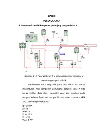 BAB III
PERENCANAAN
3.1 Menentukan nilai komponen penunjang penguat kelas A
Gambar 3.1.1 Penguat Kelas A sebelum diberi nilai komponen
penunjang penguat kelas A
Berdasarkan data yang ada pada teori dasar 2.4 ,untuk
menentukan nilai komponen penunjang penguat kelas A kita
harus melihat data sheet transistor yang kita gunakan pada
penguat kelas A. Dan kami mengambil data sheet transistor NPN
2N2222 dan diperoleh data:
Ic = 10 mA
β = 75
Hfe= 75
Vce= 10 V
Vcc= 9V
Vbe= 0,7 V
C1
10µF
C2
1µF
C3
10µF
R1
0Ω
Rl
1kΩ
Rc
0Ω
Re
0Ω
R2
0Ω
VCC
9V
Q1
2N2222
XMM1
XSC1
A B
Ext Trig
+
+
_
_ + _
XFG1
XMM2
XMM3XMM4
XMM5
 