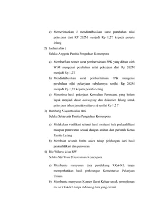 e) Memerintahkan J mendistribusikan surat perubahan nilai
pekerjaan dari RP 262M menjadi Rp 1,2T kepada peserta
lelang
2) Jaelani alias J
Selaku Anggota Panitia Pengadaan Kemenpora
a) Memberikan nomor surat pemberitahuan PPK yang dibuat oleh
WiM mengenai perubahan nilai pekerjaan dari Rp 262M
menjadi Rp 1,2T
b) Mendistribusikan surat pemberitahuan PPK mengenai
perubahan nilai pekerjaan sebelumnya senilai Rp 262M
menjadi Rp 1,2T kepada peserta lelang
c) Menerima hasil pekerjaan Konsultan Perencana yang belum
layak menjadi dasar aanwijzing dan dokumen lelang untuk
pekerjaan tahun jamak(multiyears) senilai Rp 1,2 T
3) Bambang Siswanto alias BaS
Selaku Sekretaris Panitia Pengadaan Kemenpora
a) Melakukan verifikasi seluruh hasil evaluasi baik prakualifikasi
maupun penawaran sesuai dengan arahan dan perintah Ketua
Panitia Lelang
b) Membuat seluruh berita acara tahap pelelangan dari hasil
prakualifikasi dan penwaran
4) Rio Wilarso alias RW
Selaku Staf Biro Perencanaan Kemenpora
a) Membantu menyusun data pendukung RKA-KL tanpa
memperhatikan hasil perhitungan Kementerian Pekerjaan
Umum
b) Membantu menyusun Konsep Surat Keluar untuk permohonan
revisi RKA-KL tanpa didukung data yang cermat
 