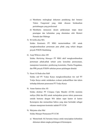 c) Membantu melengkapi dokumen pendukung dari Instansi
Teknis Fungsional yang tidak disusun berdasarkan
pertimbangan yang profesional
d) Membantu menyusun desain pelaksanaan tanpa dasar
penetapan dan kebutuhan yang ditentukan oleh Menteri
Pemuda dan Olahraga
5) M Arifin alias MA
Selaku Komisaris PT MSG memerintahkan AW untuk
mengkoordinasikan pertemuan para pihak yang terkait dengan
proyek P3SON Hambalang
6) Asep Wibowo alias AW
Selaku Marketing Manager PT MSG aktif mengkoordinasikan
pertemuan pihak-pihak terkait yaitu konsultan perencanaan,
manajemen konstruksi, pemborong konstruksi, Panitia Pengadaan,
dan PPK proyek P3SON sebelum proses pelelangan dimulai
7) Husni Al Huda alias HaH
Selaku staf PT Yodya Karya mengkoordinasikan tim staf PT
Yodya Karya untuk melakukan evaluasi prakualifikasi dan teknis
terhadap dokumen penawaran PT Yodya Karya
8) Aman Santoso alias AS
Selaku direktur PT Ciriajasa Cipta Mandiri (CCM) meminta
stafnya (Mul dan RS) untuk melanjutkan proses teknis penawaran
setelah bertemu dengan MA dalam rapat kantor di kantor
Kemenpora dan memastikan bahwa yang akan bertindak sebagai
rekanan manajemen kontruksi adalah PT CCM
9) Mulyatno alias Mul
Selaku Manajer Pemasaran PT CCM
a) Memerintah AG bersama timnya untuk menyiapkan kebutuhan
dokumen dalam rangka pelelangan di Kemenpora
 