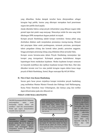 yang dihasilkan. Kedua dampak tersebut harus diterjemahkan sebagai
kerugian bagi publik, karena yang dikorupsi merupakan hasil penerimaan
negara dari publik (hasil pajak).
Jamak diketahui bahwa setiap proyek infrastruktur yang dibiayai negara tidak
pernah luput dari prakti suap menyuap. Munculnya istilah fee atau uang lelah
dikalangan DPR memperkuat dugaan praktek ini terjadi.
Korupsi proyek Hambalang adalah korupsi terstruktur. Semua pihak uang
disebutkan didalam audit menjalankan peranannya masing-masing. Dimuali
dari penyiapan lahan untuk pembangunan, termasuk perizinan, persetujuan
teknis pengadaan (lelang dan kontrak tahun jamak), pencairan anggaran,
hingga penetapan pemenang lelang yang dilakukan diluar prosedur baku.
Korupsi secara bersama-sama dalam Proyek Hambalang menunjukan tipe
korupsi yang terorganisasi. Kelompok penguasa berkolaborasi dengan
kepentingan bisnis melakukan kejahatan. Modus kejahatan korupsi semacam
ini hanyalah modifikasi dan replikasi kejahatan korupsi Orde Baru. Dari data
diketahui tercatat total loss atau jumlah kerugian negara dalam kasus mega
proyek di Bukit Hambalang, Sentul, Bogor mencapai Rp 463,66 Miliar.
D. Flow-Chart Atas Kasus Hambalang
Secara garis besar proses terjadinya korupsi terstruktur proyek hambalang
yang melibatkan Mantan Menteri Pemuda dan Olahraga Andi Mallarangeng,
Ketua Partai Demokrat Anas Urbaningrum, dan lainnya yang ikut terlibat
dapat diilustrisakan pada alur dibawah ini:
PERAN ANDI MALLARANGENG
Okt2009:SesmenporaWafid Muharam
menyampaikan status tanah
bermasalah karena belum ada
sertifikat.” Andi lalu memerintahkan
Wafid agar segera menyelesaikan
masalah status tanah tadi.
Okt2009:SesmenporaWafid Muharam
menyampaikan status tanah
bermasalah karena belum ada
sertifikat.” Andi lalu memerintahkan
Wafid agar segera menyelesaikan
masalah status tanah tadi.
Desember 2009: Wafid
menyampaikan perkiraan anggaran
proyek sekitar Rp 2,5 T dana, ada
hambatan saat proses anggaran,
namun Andi menanggapi dengan
mengatakan komisi X merupakan
teman-temannya.
Desember 2009: Wafid
menyampaikan perkiraan anggaran
proyek sekitar Rp 2,5 T dana, ada
hambatan saat proses anggaran,
namun Andi menanggapi dengan
mengatakan komisi X merupakan
teman-temannya.
Atas persetujuan DPR tsb, Wafid melalui Saul
Paulus David Nelwan meminta uang sebesar Rp 500
juta kepada PT Adhi Karya melalui Ida Bagus
Wirahadi dan Rp 100juta dari Poniran, sehingga
seluruh jumlah Rp 600juta. Uang tersebut diserahkan
kepada Mahyudin saat kongres Partai Demokrat Di
Bandung.
Atas persetujuan DPR tsb, Wafid melalui Saul
Paulus David Nelwan meminta uang sebesar Rp 500
juta kepada PT Adhi Karya melalui Ida Bagus
Wirahadi dan Rp 100juta dari Poniran, sehingga
seluruh jumlah Rp 600juta. Uang tersebut diserahkan
kepada Mahyudin saat kongres Partai Demokrat Di
Bandung.
Deddy Kusnidar bersama Wafid bertemu
Choel Mallarangeng di Restoran Jepang
Hotel Grand Hyatt, Jakarta. Pada
pertemuan tsb Choel menyampaikan
bahwa abangnya Andi Mallarangeng sudah
satu tahun menjabat Menpora tapi belum
dapat apa-apa.
Deddy Kusnidar bersama Wafid bertemu
Choel Mallarangeng di Restoran Jepang
Hotel Grand Hyatt, Jakarta. Pada
pertemuan tsb Choel menyampaikan
bahwa abangnya Andi Mallarangeng sudah
satu tahun menjabat Menpora tapi belum
dapat apa-apa.
Selanjutnya, dilakukan
pertemuan di ruangan
Menpora yang dihadiri
Wafid, Deddy, Choel,
Fachruddin, dan Arief
dari PT Adhi Karya.
Dengan ditetapkannya
KSO Adhi-Wika
sebagai pemenang
proyek Hambalang.
Total dana yang
diperoleh Andi Rp 4
Miliar dan US$
550.000
Selanjutnya, dilakukan
pertemuan di ruangan
Menpora yang dihadiri
Wafid, Deddy, Choel,
Fachruddin, dan Arief
dari PT Adhi Karya.
Dengan ditetapkannya
KSO Adhi-Wika
sebagai pemenang
proyek Hambalang.
Total dana yang
diperoleh Andi Rp 4
Miliar dan US$
550.000
 