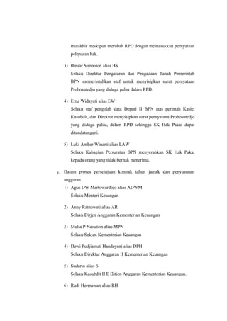 mutakhir meskipun merubah RPD dengan memasukkan pernyataan
pelepasan hak.
3) Binsar Simbolon alias BS
Selaku Direktur Pengaturan dan Pengadaan Tanah Pemerintah
BPN memerintahkan staf untuk menyisipkan surat pernyataan
Probosutedjo yang diduga palsu dalam RPD.
4) Erna Widayati alias EW
Selaku staf pengolah data Deputi II BPN atas perintah Kasie,
Kasubdit, dan Direktur menyisipkan surat pernyataan Probosutedjo
yang diduga palsu, dalam RPD sehingga SK Hak Pakai dapat
ditandatangani.
5) Luki Ambar Winarti alias LAW
Selaku Kabagian Persuratan BPN menyerahkan SK Hak Pakai
kepada orang yang tidak berhak menerima.
c. Dalam proses persetujuan kontrak tahun jamak dan penyusunan
anggaran
1) Agus DW Martowardojo alias ADWM
Selaku Menteri Keuangan
2) Anny Ratnawati alias AR
Selaku Dirjen Anggaran Kementerian Keuangan
3) Mulia P Nasution alias MPN
Selaku Sekjen Kementerian Keuangan
4) Dewi Pudjiastuti Handayani alias DPH
Selaku Direktur Anggaran II Kementerian Keuangan
5) Sudarto alias S
Selaku Kasubdit II E Ditjen Anggaran Kementerian Keuangan.
6) Rudi Hermawan alias RH
 