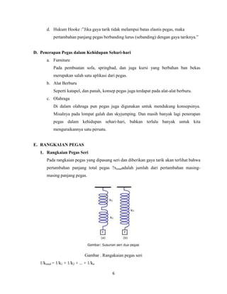 d. Hukum Hooke :”Jika gaya tarik tidak melampui batas elastis pegas, maka
pertambahan panjang pegas berbanding lurus (sebanding) dengan gaya tariknya.”

D. Penerapan Pegas dalam Kehidupan Sehari-hari
a. Furniture
Pada pembuatan sofa, springbad, dan juga kursi yang berbahan ban bekas
merupakan salah satu aplikasi dari pegas.
b. Alat Berburu
Seperti katapel, dan panah, konsep pegas juga terdapat pada alat-alat berburu.
c. Olahraga
Di dalam olahraga pun pegas juga digunakan untuk mendukung konsepsinya.
Misalnya pada lompat galah dan skyjumping. Dan masih banyak lagi penerapan
pegas dalam kehidupan sehari-hari, bahkan terlalu banyak untuk kita
menguraikannya satu persatu.

E. RANGKAIAN PEGAS
1. Rangkaian Pegas Seri
Pada rangkaian pegas yang dipasang seri dan diberikan gaya tarik akan terlihat bahwa
pertambahan panjang total pegas ?xtotaladalah jumlah dari pertambahan masingmasing panjang pegas.

Gambar . Rangakaian pegas seri
1/ktotal = 1/k1 + 1/k2 + ... + 1/kn
6

 