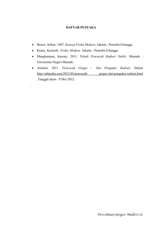 DAFTAR PUSTAKA




    Beiser, Arthur. 1987. Konsep Fisika Modern. Jakarta : Penerbit Erlangga.
    Krane, Kenneth. Fisika Modern. Jakarta : Penerbit Erlangga.
    Manglumpun, Irawaty. 2011. Teknik Pencacah Radiasi Nuklir. Manado :
    Universitas Negeri Manado
    Anonim. 2011. Pencacah Geiger –            Alat Pengukur Radiasi. Dalam
    http://adipedia.com/2011/03/pencacah-         geiger-alat-pengukur-radiasi.html
    .Tanggal akses : 9 Mei 2012.
.




                                                 Percobaan Geiger Muller| 13
 