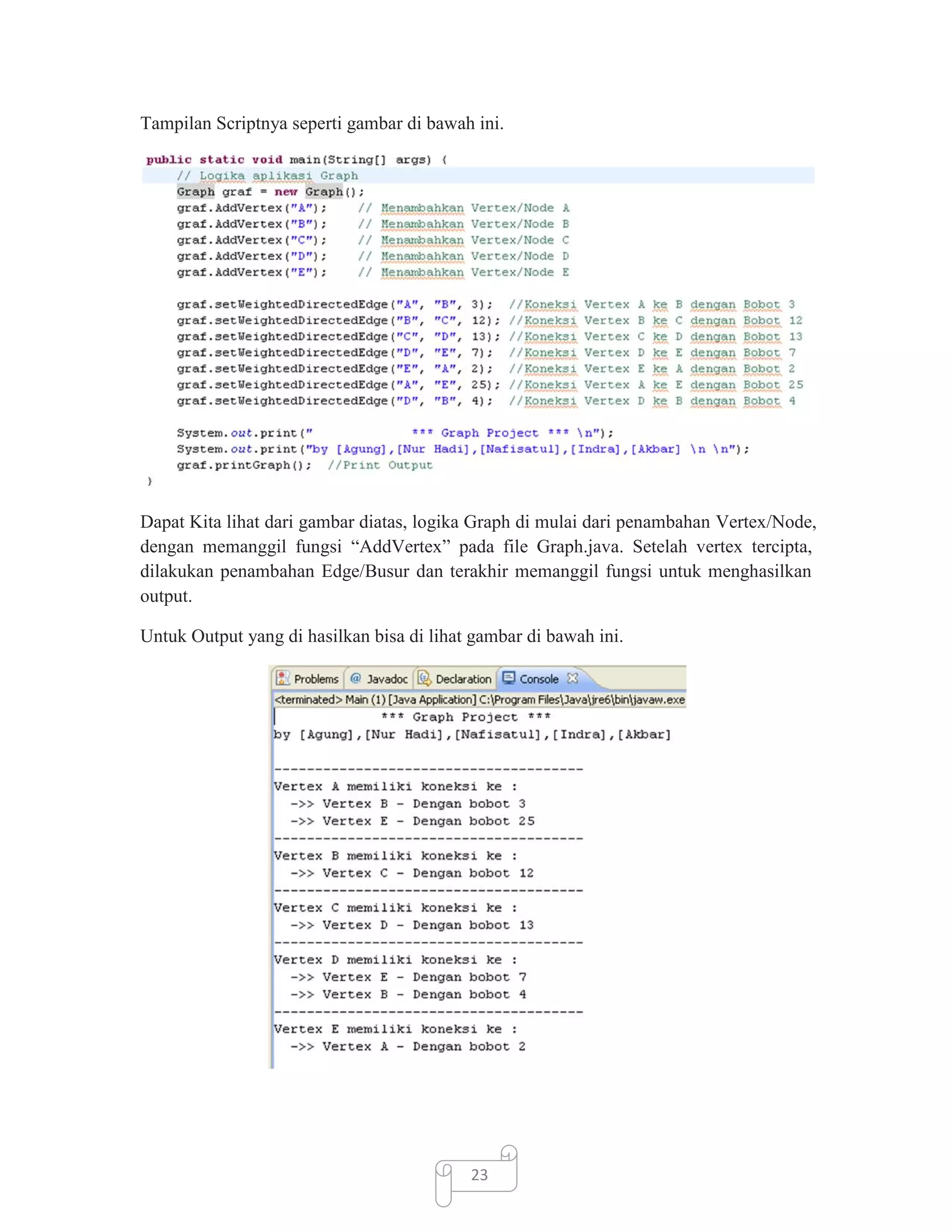 Tampilan Scriptnya seperti gambar di bawah ini.

Dapat Kita lihat dari gambar diatas, logika Graph di mulai dari penambahan Vertex/Node,
dengan memanggil fungsi “AddVertex” pada file Graph.java. Setelah vertex tercipta,
dilakukan penambahan Edge/Busur dan terakhir memanggil fungsi untuk menghasilkan
output.
Untuk Output yang di hasilkan bisa di lihat gambar di bawah ini.

23

 