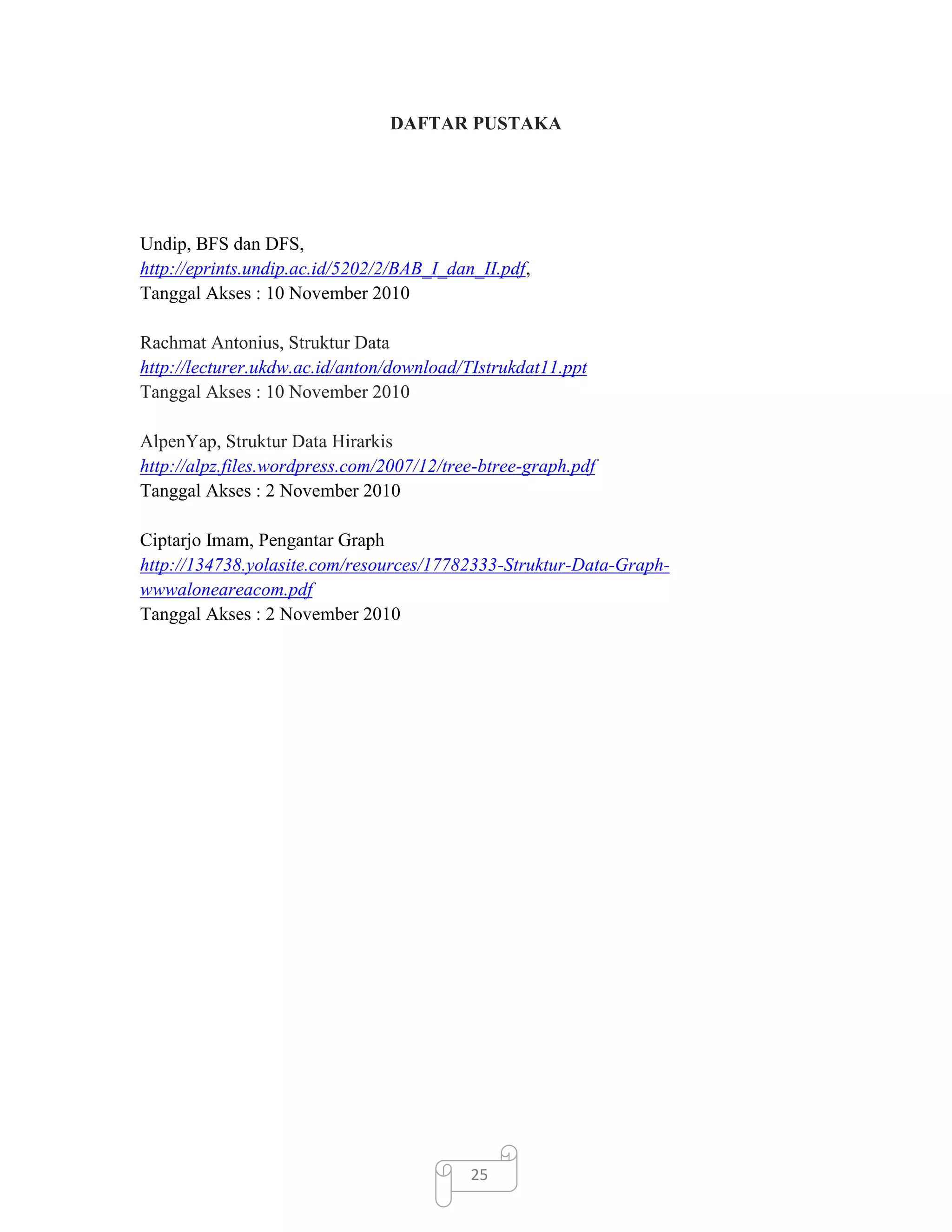 DAFTAR PUSTAKA

Undip, BFS dan DFS,
http://eprints.undip.ac.id/5202/2/BAB_I_dan_II.pdf,
Tanggal Akses : 10 November 2010
Rachmat Antonius, Struktur Data
http://lecturer.ukdw.ac.id/anton/download/TIstrukdat11.ppt
Tanggal Akses : 10 November 2010
AlpenYap, Struktur Data Hirarkis
http://alpz.files.wordpress.com/2007/12/tree-btree-graph.pdf
Tanggal Akses : 2 November 2010
Ciptarjo Imam, Pengantar Graph
http://134738.yolasite.com/resources/17782333-Struktur-Data-Graphwwwaloneareacom.pdf
Tanggal Akses : 2 November 2010

25

 
