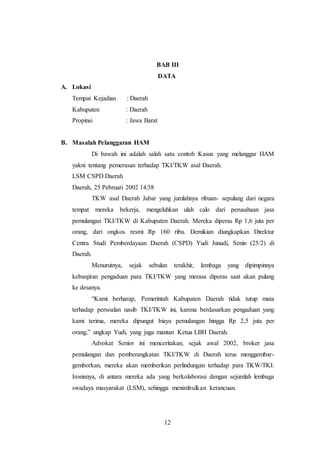 BAB III 
DATA 
12 
A. Lokasi 
Tempat Kejadian : Daerah 
Kabupaten : Daerah 
Propinsi : Jawa Barat 
B. Masalah Pelanggaran HAM 
Di bawah ini adalah salah satu contoh Kasus yang melanggar HAM 
yakni tentang pemerasan terhadap TKI/TKW asal Daerah. 
LSM CSPD Daerah 
Daerah, 25 Pebruari 2002 14:38 
TKW asal Daerah Jabar yang jumlahnya ribuan- sepulang dari negara 
tempat mereka bekerja, mengeluhkan ulah calo dari perusahaan jasa 
pemulangan TKI/TKW di Kabupaten Daerah. Mereka diperas Rp 1,6 juta per 
orang, dari ongkos resmi Rp 160 ribu. Demikian diungkapkan Direktur 
Centra Studi Pemberdayaan Daerah (CSPD) Yudi Junadi, Senin (25/2) di 
Daerah. 
Menurutnya, sejak sebulan terakhir, lembaga yang dipimpinnya 
kebanjiran pengaduan para TKI/TKW yang merasa diperas saat akan pulang 
ke desanya. 
“Kami berharap, Pemerintah Kabupaten Daerah tidak tutup mata 
terhadap persoalan nasib TKI/TKW ini, karena berdasarkan pengaduan yang 
kami terima, mereka dipungut biaya pemulangan hingga Rp 2,5 juta per 
orang,” ungkap Yudi, yang juga mantan Ketua LBH Daerah. 
Advokat Senior ini menceritakan, sejak awal 2002, broker jasa 
pemulangan dan pemberangkatan TKI/TKW di Daerah terus menggembar-gemborkan, 
mereka akan memberikan perlindungan terhadap para TKW/TKI. 
Ironisnya, di antara mereka ada yang berkolaborasi dengan sejumlah lembaga 
swadaya masyarakat (LSM), sehingga menimbulkan kerancuan. 
 