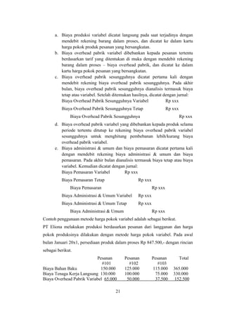 a. Biaya produksi variabel dicatat langsung pada saat terjadinya dengan 
mendebit rekening barang dalam proses, dan dicatat ke dalam kartu 
harga pokok produk pesanan yang bersangkutan. 
b. Biaya overhead pabrik variabel dibebankan kepada pesanan tertentu 
berdasarkan tarif yang ditentukan di muka dengan mendebit rekening 
barang dalam proses – biaya overhead pabrik, dan dicatat ke dalam 
kartu harga pokok pesanan yang bersangkutan. 
c. Biaya overhead pabrik sesungguhnya dicatat pertama kali dengan 
mendebit rekening biaya overhead pabrik sesungguhnya. Pada akhir 
bulan, biaya overhead pabrik sesungguhnya dianalisis termasuk biaya 
tetap atau variabel. Setelah ditemukan hasilnya, dicatat dengan jurnal: 
Biaya Overhead Pabrik Sesungguhnya Variabel Rp xxx 
Biaya Overhead Pabrik Sesungguhnya Tetap Rp xxx 
Biaya Overhead Pabrik Sesungguhnya Rp xxx 
d. Biaya overhead pabrik variabel yang dibebankan kepada produk selama 
periode tertentu ditutup ke rekening biaya overhead pabrik variabel 
sesungguhnya untuk menghitung pembebanan lebih/kurang biaya 
overhead pabrik variabel. 
e. Biaya administrasi & umum dan biaya pemasaran dicatat pertama kali 
dengan mendebit rekening biaya administrasi & umum dan biaya 
pemasaran. Pada akhir bulan dianalisis termasuk biaya tetap atau biaya 
variabel. Kemudian dicatat dengan jurnal: 
Biaya Pemasaran Variabel Rp xxx 
Biaya Pemasaran Tetap Rp xxx 
Biaya Pemasaran Rp xxx 
Biaya Administrasi & Umum Variabel Rp xxx 
Biaya Administrasi & Umum Tetap Rp xxx 
Biaya Administrasi & Umum Rp xxx 
Contoh penggunaan metode harga pokok variabel adalah sebagai berikut. 
PT Eliona melakukan produksi berdasarkan pesanan dari langganan dan harga 
pokok produksinya dilakukan dengan metode harga pokok variabel. Pada awal 
bulan Januari 20x1, persediaan produk dalam proses Rp 847.500,- dengan rincian 
sebagai berikut. 
Pesanan Pesanan Pesanan Total 
#101 #102 #103 
Biaya Bahan Baku 150.000 125.000 115.000 365.000 
Biaya Tenaga Kerja Langsung 130.000 100.000 75.000 330.000 
Biaya Overhead Pabrik Variabel 65.000 50.000 37.500 152.500 
21 
 