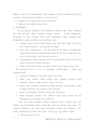 6 | T e o r i B e l a j a r H u m a n i s m e
pelajaran tersebut dan menghubungkan dalam kehidupan. Combs memberikan persepsi diri
dan dunia seseorang seperti dua lingkaran ( kecil dan besar ).
 Lingkaran kecil adalah gambaran dari persepsi diri
 Lingkaran besar adalah persepsi dunia.
c) Carl Rogers
Seorang psikolog humanistik yang menekankan perlunya sikap saling menghargai
dan tanpa prasangka dalam membantu mengatasi masalah – masalah kehidupannya.
Menurutnya hal yang terpenting dalam proses pembelajaran adalah pentingnya guru
memperhatikan prinsip pendidikan dan pembelajaran yaitu :
 Menjadi manusia berarti memiliki kekuatan yang wajar untuk belajar. Siswa tidak
harus belajar tentang hal – hal yang tidak ada artinya.
 Siswa akan mempelajari hal – hal yang bermakna bagi dirinya. Pengorganisasian
bahan pelajaran berarti mengorganisasikan bahan dan ide baru sebagai bahan dan
ide baru sebagai bagian yang bermakna bagi siswa.
 Pengorganisasian bahan pengajaran berarti mengorganisasikan bahan dan ide baru
sebagai bahan yang bermakna bagi siswa.
 Belajar yang bermakna dalam masyarakat modern berarti belajar tentang proses.
Dari bukunya Freedom to learn, ia menunjukan sejumlah prinsip – prinsip yang
terpenting adalah :
 Manusia itu mempunyai kemampuan belajar secara alami
 Belajar yang signifikan terjadi apabila materi pelajaran dirasakan murid
mempunyai relevansi dengan maksud – maksud tersendiri.
 Belajar yang menyangkut perubahan di dalam persepsi mengenai dirinya sendiri
di anggap mengancam dan cenderung untuk ditolaknya.
 Belajar yang bermakna di peroleh siswa dengan melakukanya.
 Belajar diperlancar bilamana siswa dilibatkan dalam proses belajar dan ikut
bertanggung jawab terhadap proses belajar itu.
Salah satu model pendidikan terbuka mencakup konsep mengajar guru yang
fasilitatif yang dikembangkan Rogers diteliti oleh Aspy dan Roebuck pada tahun 1975
mengenai kemampuan para guru untuk menciptakan kondisi yang mendukung yaitu
empati, penghargaan dan umpan balik positif. Ciri-ciri guru yang fasilitatif adalah :
 Merespon perasaan siswa
 
