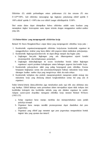 6
Efektivitas (E) adalah perbandingan antara pelaksanaan (A) dan rencana (P) atau
E=A/P*100%. Jadi efektivitas mencangkup tiga tingkatan yaitu;kurang efektif apabila E
100% efektif apabila E =100% dan over efektif (sangat efektif)apabila E100%
Dari uraian diatas dapat disimpulkan bahwa efektivitas adalah suatu keadaan yang
menunjukan tingkat ketercapaian suatu tujuan tertentu dengan menggunakan sumber-sumber
yang ada.
3.1.Faktor-faktor yang mempengaruhi efektivitas kerja
Richard M. Steers Mengidentifikasi empat faktor yang mempengaruhi efektifitas kerja yaitu :
1. Karakteristik organisasi;mempengaruhi efektivitas kerja,karena kerakteristik organisasi ini
menggambarkan struktur yang harus dilalui oleh pegawai dalam melakukan pekerjaannya.
2. Karakteristik lingkungan;karakteristik ini dapat dibagi menjadi dua bagian yaitu:
a. Lingkungan luar,yaitu lingkungan yang ada diluarorganisasi seperti kondisi
ekonomi,politik dan kebijaksanaan pemerintah.
b. Lingkungan dalam,lingkungan ini secara keseluruhan berada dalam lingkungan
organisasai seperti peralatan kelengkapan antara hubungan pegawai dan kondisi kerja.
3. Karakteristik pekerja;factor inilah yang paling berpengaruh pada efektifitas. Karena
betapapun lengkapnya sarana dan prasaranan,betapapun baiknya mekanisme kerja tanpa
dukungan kualitas sumber daya yang mengisiisnya tidak aka nada artinya.
4. Karakteristik kebijakan dan praktek manajemen;praktek manajemen adalah strategi dan
mekanisme kerja yang dirancang dalaam kengkondisiskan semua hal yang ada di
organisasi.
Selain kriteria-kriteria diatas,efektivitas juga menekankan pada segi efek atau akibatnya atau
segi hasilnya. Efektif tidaknya suatu perusahaan dalam mewujudkan tujuan tidak terlepas dari
keefektifan kelompok dan keefektifan individu yang ada didalam organisasi itu sendiri.
Adapun syarat-syarat ekspsilitas meneganai efektifitas kerja menurut Richard M.Steers
(1985:135)
a. Setiap organisasi harus mampu membina dan memepertahankan suatu jumlah
pekekrja terampil.
b. Organisasi harus mampu memiliki prestasi,peranan dapat diandalkan dari para
pegawainya.
c. Organisasi yang efektif juga menuntut agar para pegawainya mengusahakan bentuk
tingkah laku yang spontan dan inisiatif.
 