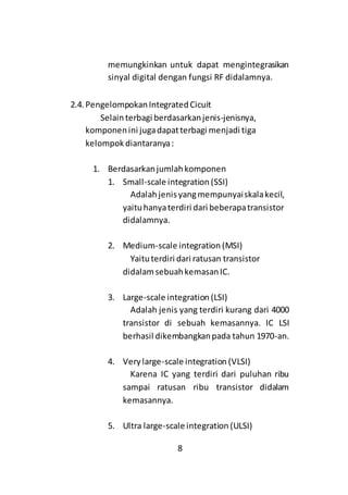 8
memungkinkan untuk dapat mengintegrasikan
sinyal digital dengan fungsi RF didalamnya.
2.4. PengelompokanIntegratedCicuit
Selainterbagi berdasarkanjenis-jenisnya,
komponenini jugadapatterbagi menjadi tiga
kelompok diantaranya:
1. Berdasarkanjumlahkomponen
1. Small-scale integration (SSI)
Adalahjenisyangmempunyaiskalakecil,
yaituhanyaterdiri dari beberapatransistor
didalamnya.
2. Medium-scale integration (MSI)
Yaituterdiri dari ratusan transistor
didalamsebuahkemasanIC.
3. Large-scale integration (LSI)
Adalah jenis yang terdiri kurang dari 4000
transistor di sebuah kemasannya. IC LSI
berhasil dikembangkanpada tahun 1970-an.
4. Verylarge-scale integration (VLSI)
Karena IC yang terdiri dari puluhan ribu
sampai ratusan ribu transistor didalam
kemasannya.
5. Ultra large-scale integration (ULSI)
 